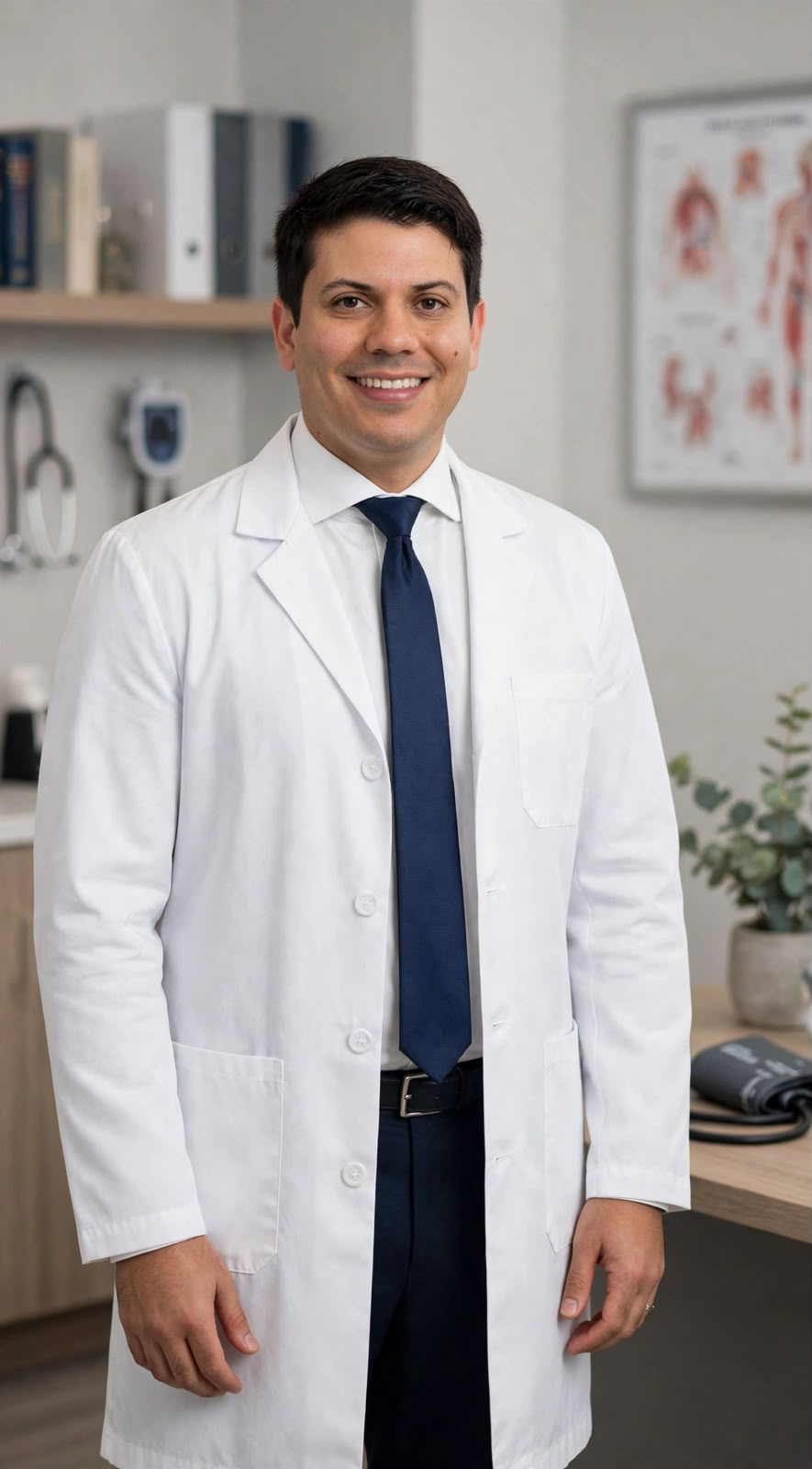Dr. Vinícius Ribeiro de jaleco branco em seu consultório